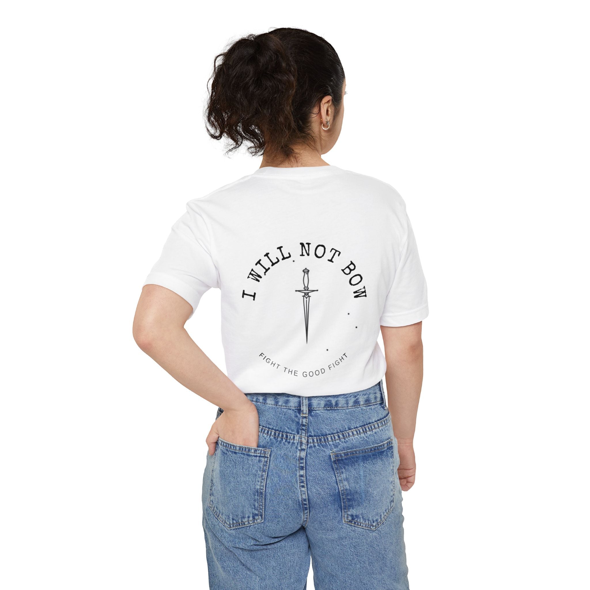 I Will Not Bow Pocket T-Shirt — Inspirational Sword Design